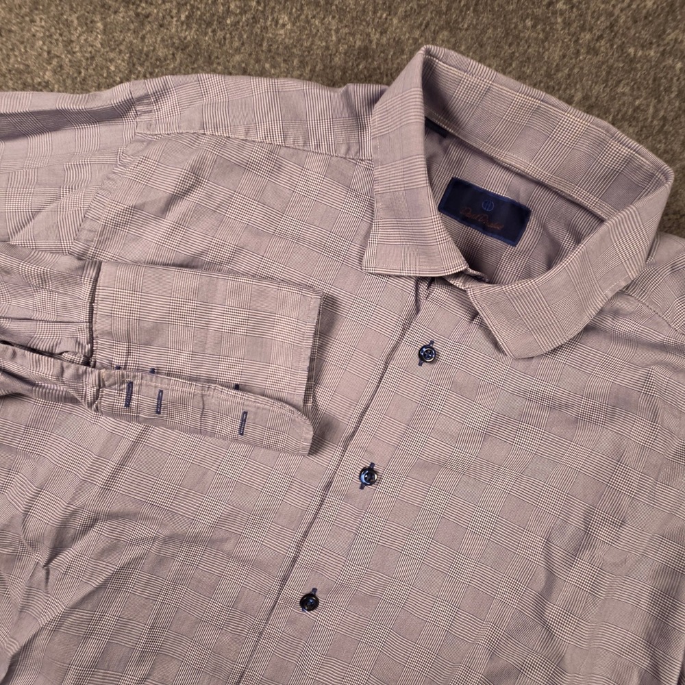 David Donahue French Cuff Shirt Mens 16.5 34/35 Purple Glen Plaid Dress Shirt